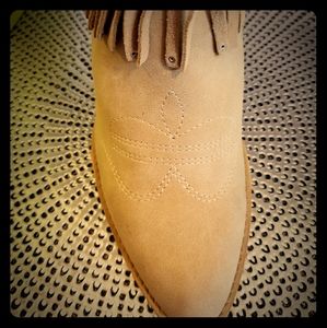 Beige Suade Ankle Bootie with Leather Fringe